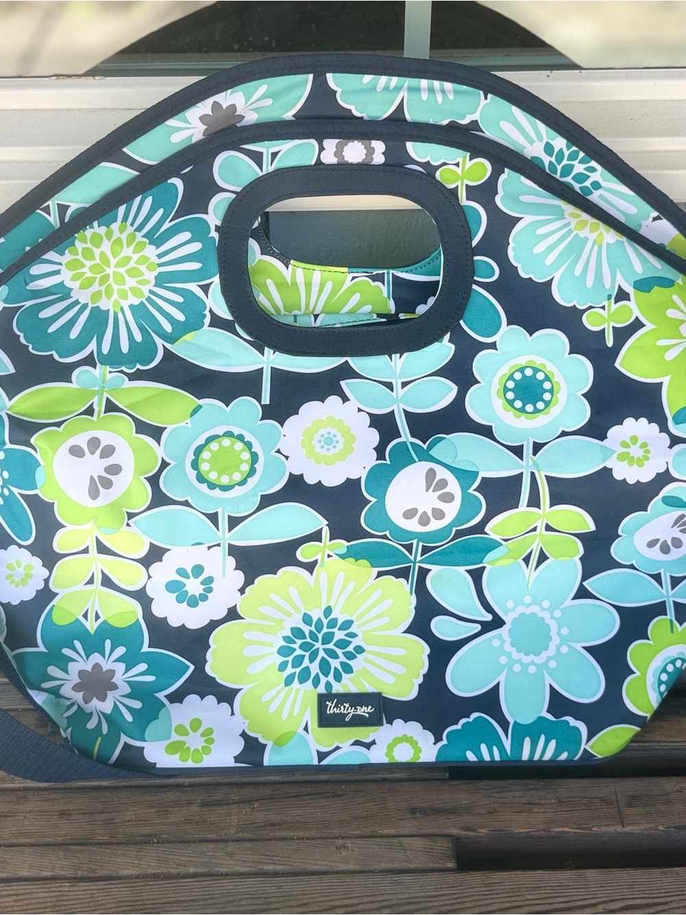 thirty-one Floral Neoprene Tote in Teal, Lime &‎ Aqua shoulder strap